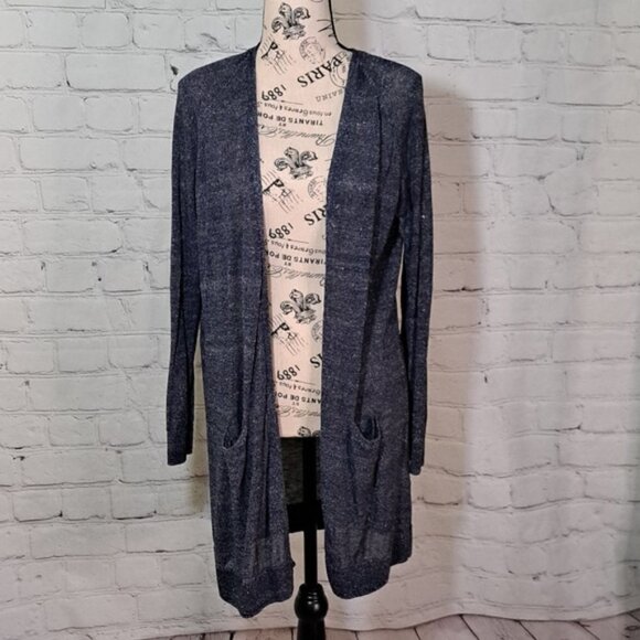 Judith & Charles Blue White Linen Blend Cardigan Sweater M - Picture 1 of 7